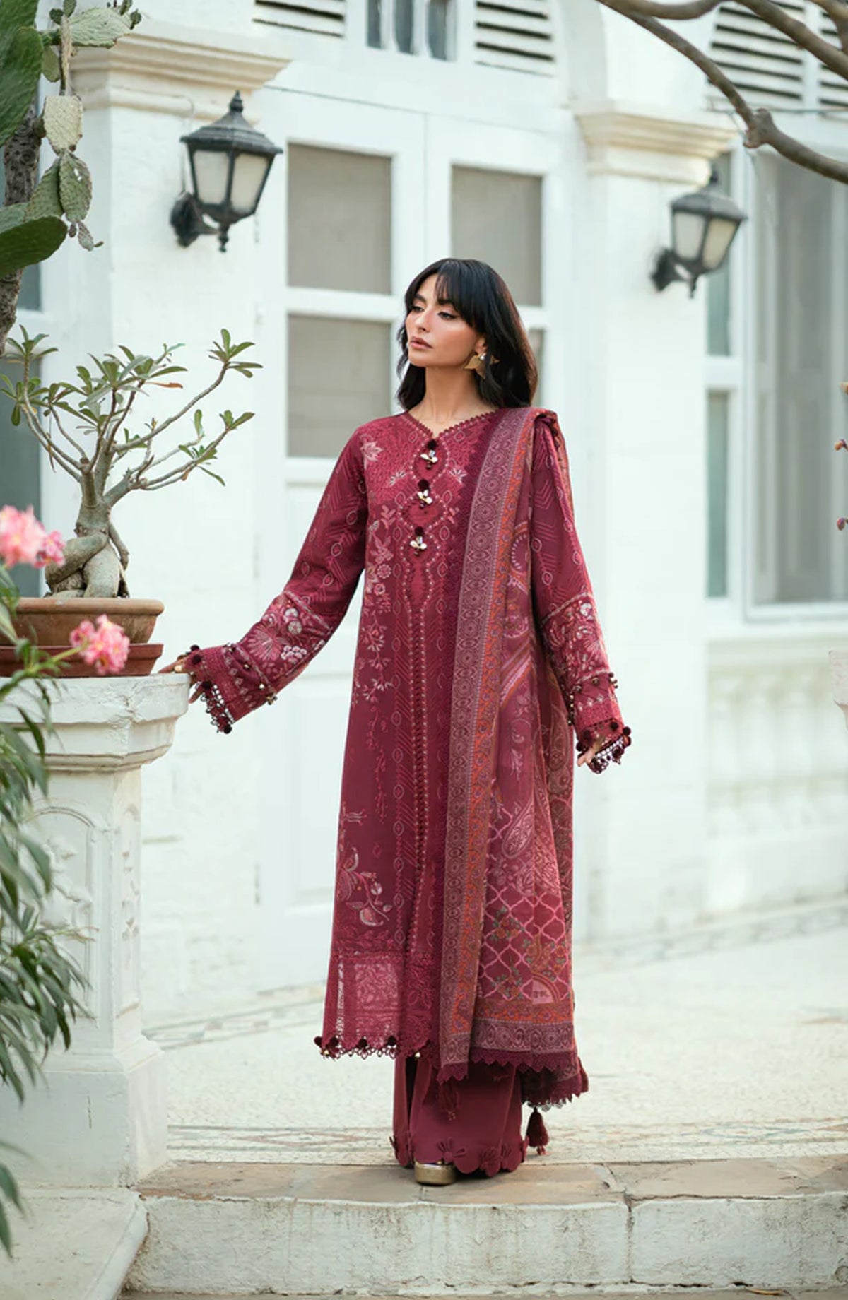 Serenity by Florent Luxury Embroidered Karandi Unstitched 3 Piece Suit - FNS-03A - FL25SRN - Maroon - Winter Collection
