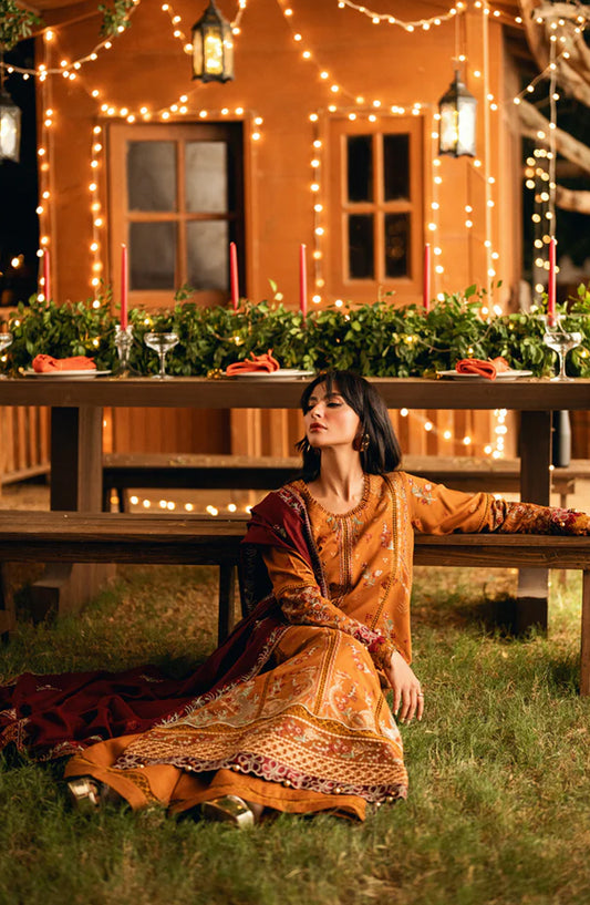 Serenity by Florent Luxury Embroidered Marina Twill Unstitched 3 Piece Suit - FNS-01B - FL25SRN - Mustard - Winter Collection