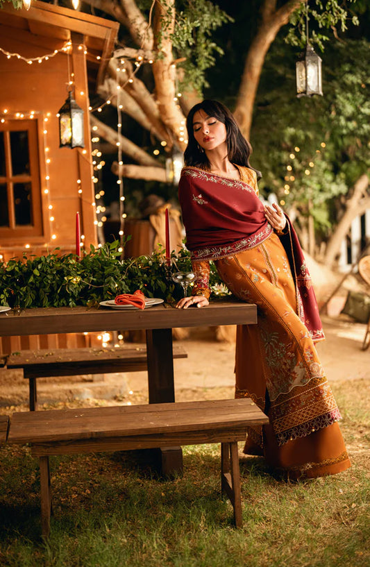 Serenity by Florent Luxury Embroidered Marina Twill Unstitched 3 Piece Suit - FNS-01B - FL25SRN - Mustard - Winter Collection