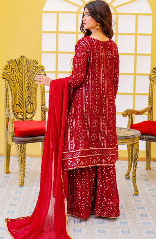 Shaadiyaan by Al Siyaab Embroidered Chiffon Stitched 3 Piece Suit - JANAAN - ALS25SHD - Maroon - Festive Collection