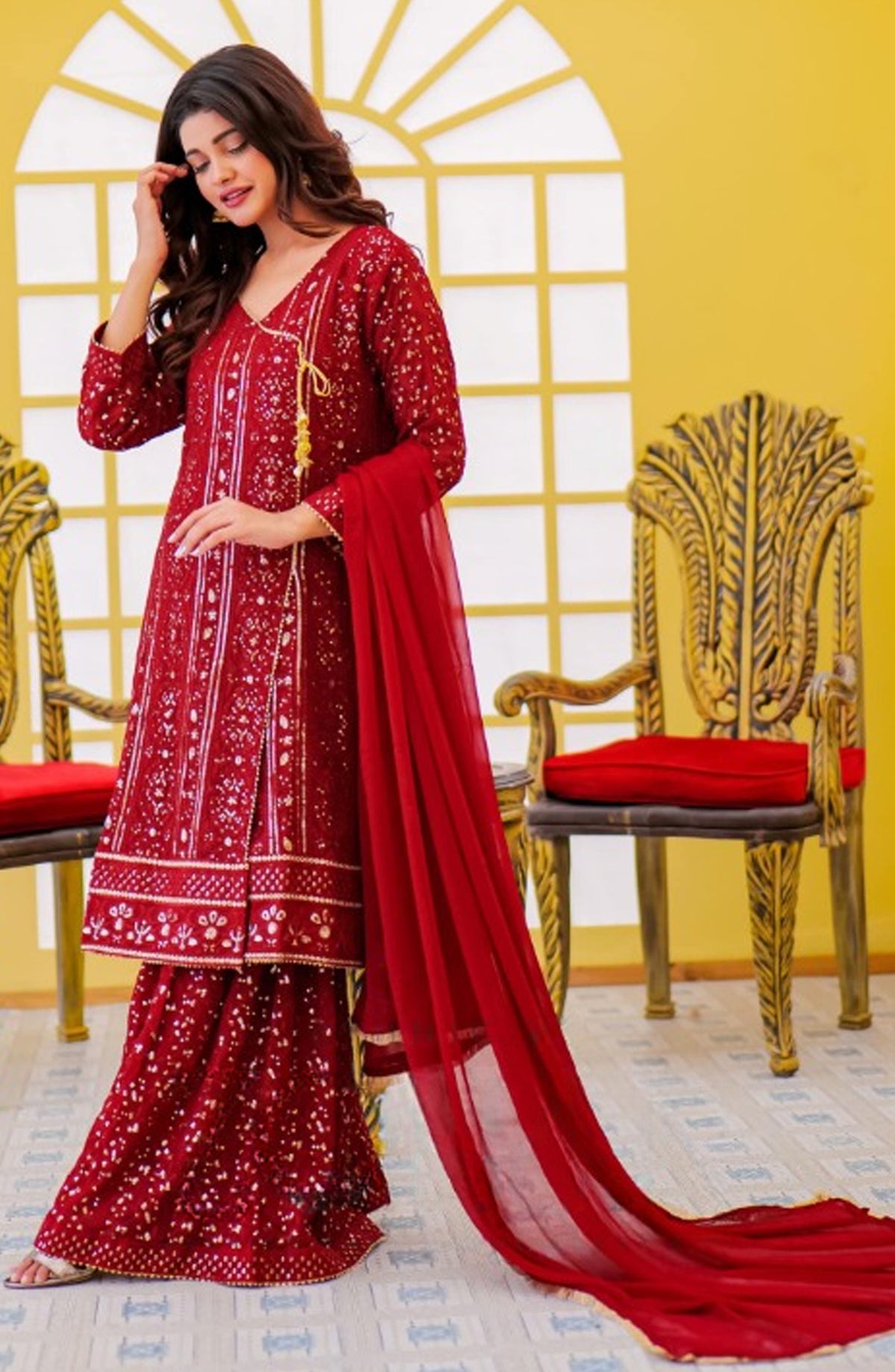 Shaadiyaan by Al Siyaab Embroidered Chiffon Stitched 3 Piece Suit - JANAAN - ALS25SHD - Maroon - Festive Collection