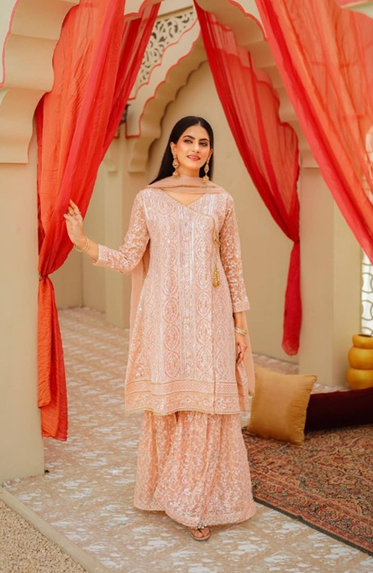 Shaadiyaan by Al Siyaab Embroidered Chiffon Stitched 3 Piece Suit - JANAAN - ALS25SHD - Peach - Festive Collection