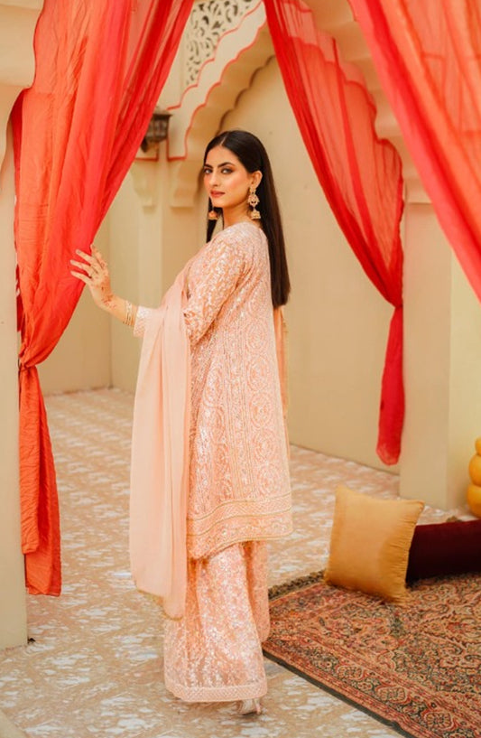 Shaadiyaan by Al Siyaab Embroidered Chiffon Stitched 3 Piece Suit - JANAAN - ALS25SHD - Peach - Festive Collection