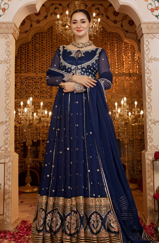 Shaadiyaan by Al Siyaab Embroidered Chiffon Stitched 3 Piece Suit - Nelofar - ALS25SHD - Navy Blue - Festive Collection