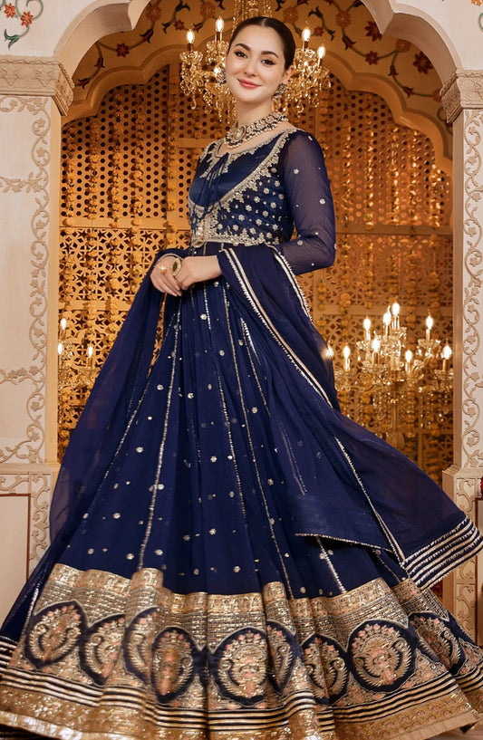 Shaadiyaan by Al Siyaab Embroidered Chiffon Stitched 3 Piece Suit - Nelofar - ALS25SHD - Navy Blue - Festive Collection