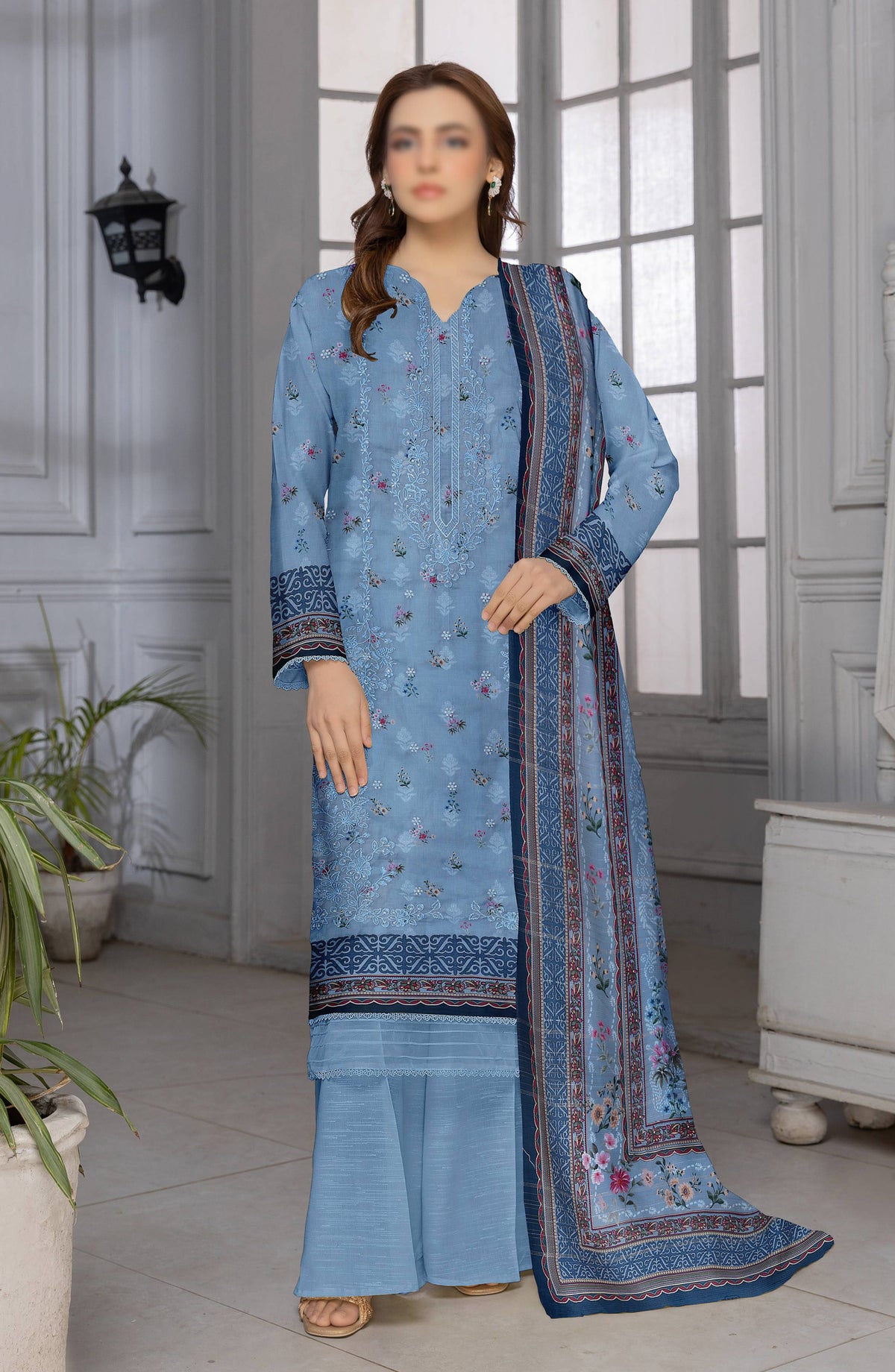 Shades by Al Karim Embroidered Lawn Unstitched 3 Piece Suit - D-09 - AK26HDS - Blue - Summer Collection