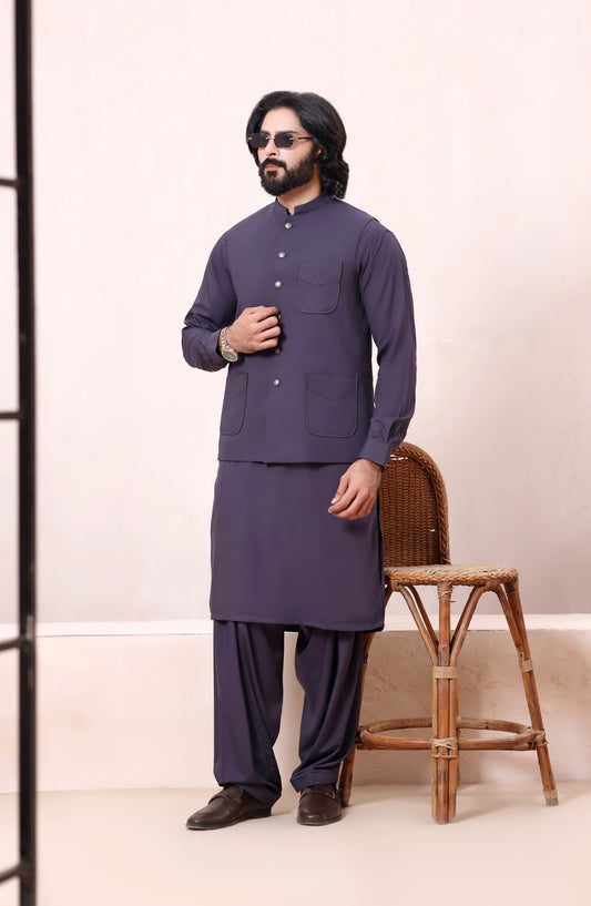 TGM The Royal Edit Premium Blended Material Stitched Three Piece with matching Suit - Shadow Crest (3pc) - TGM26ROY - Gray - Men Festive Collection