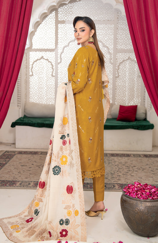 Shafaq by Riaz Arts Luxury Embroidered Peach Leather Unstitched 3 Piece Suit - Design-06 - RA25SHQ - Mustard - Winter Collection