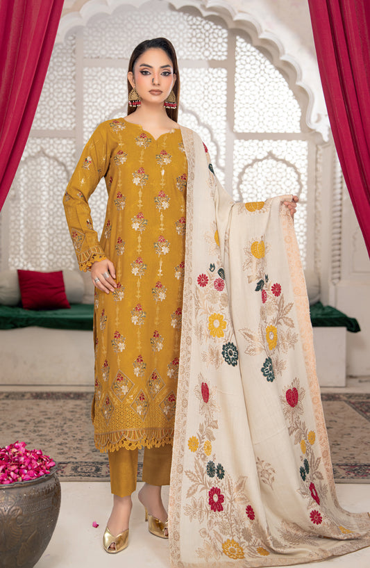 Shafaq by Riaz Arts Luxury Embroidered Peach Leather Unstitched 3 Piece Suit - Design-06 - RA25SHQ - Mustard - Winter Collection