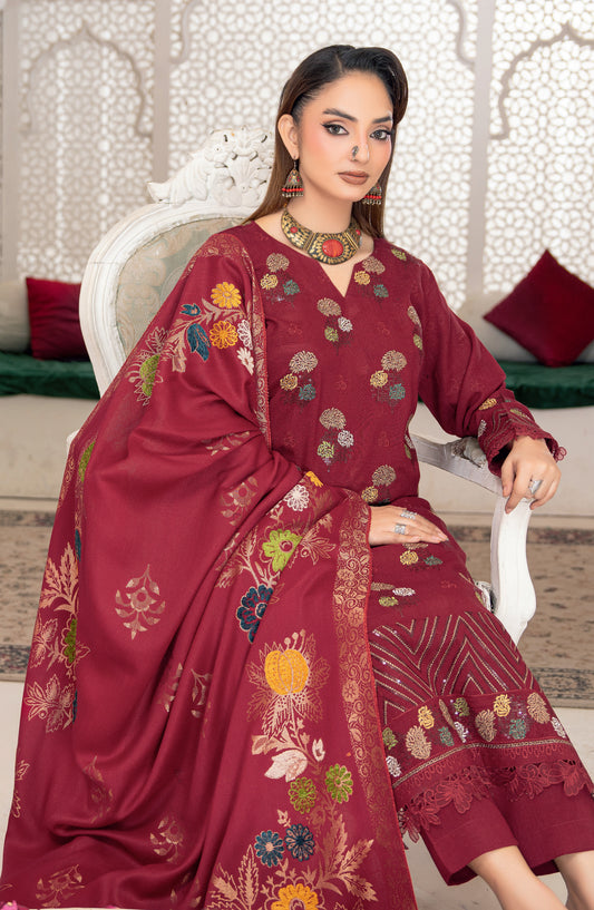 Shafaq by Riaz Arts Luxury Embroidered Peach Leather Unstitched 3 Piece Suit - Design-04 - RA25SHQ - Maroon - Winter Collection