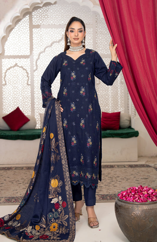 Shafaq by Riaz Arts Luxury Embroidered Peach Leather Unstitched 3 Piece Suit - Design-03 - RA25SHQ - Blue - Winter Collection