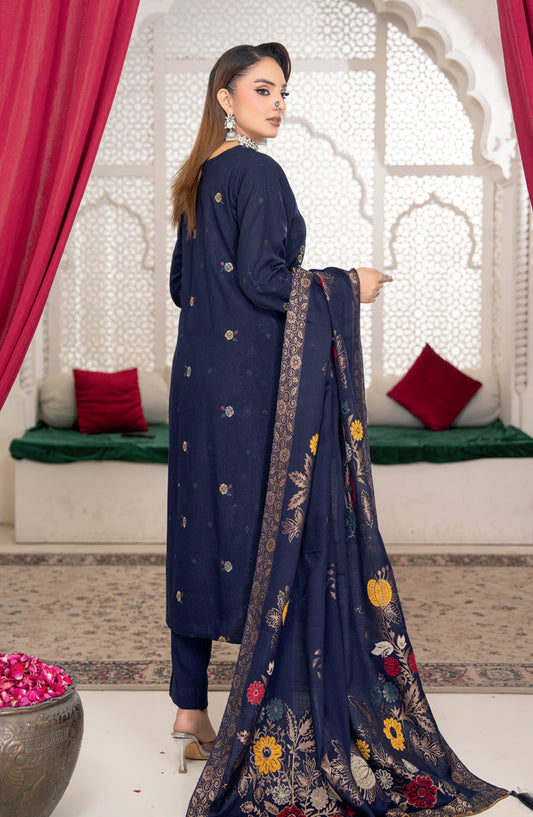 Shafaq by Riaz Arts Luxury Embroidered Peach Leather Unstitched 3 Piece Suit - Design-03 - RA25SHQ - Blue - Winter Collection