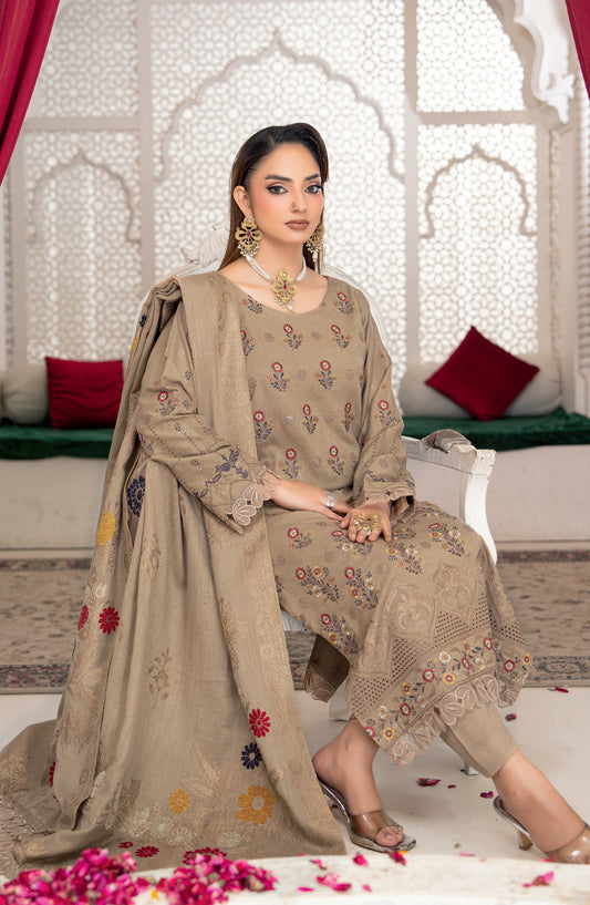 Shafaq by Riaz Arts Luxury Embroidered Peach Leather Unstitched 3 Piece Suit - Design-02 - RA25SHQ - Beige - Winter Collection