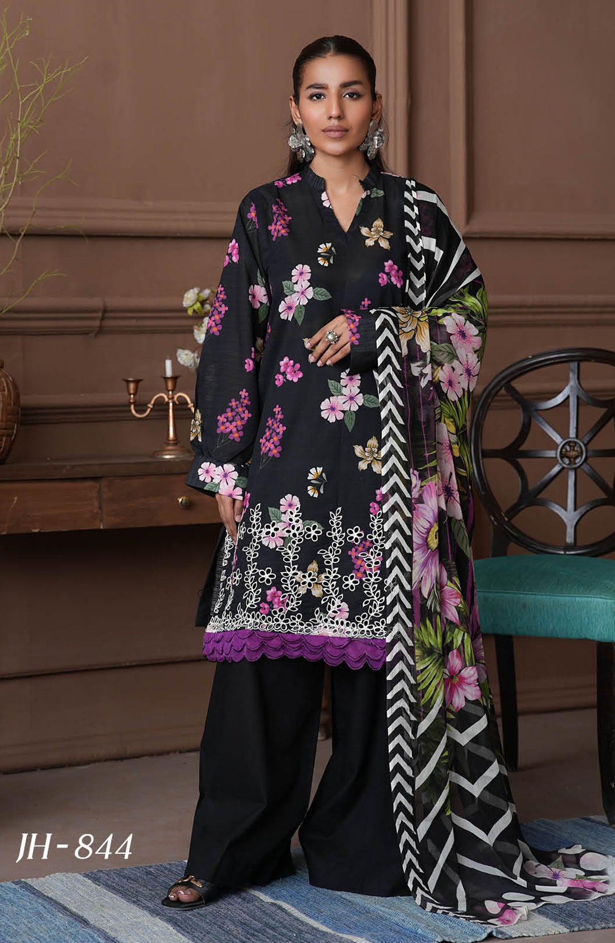 Shahzeen by Johra Embroidered Chikankari Lawn Unstitched 3 Piece Suit - JH-844 - JH25SHZ - Black - Summer Collection