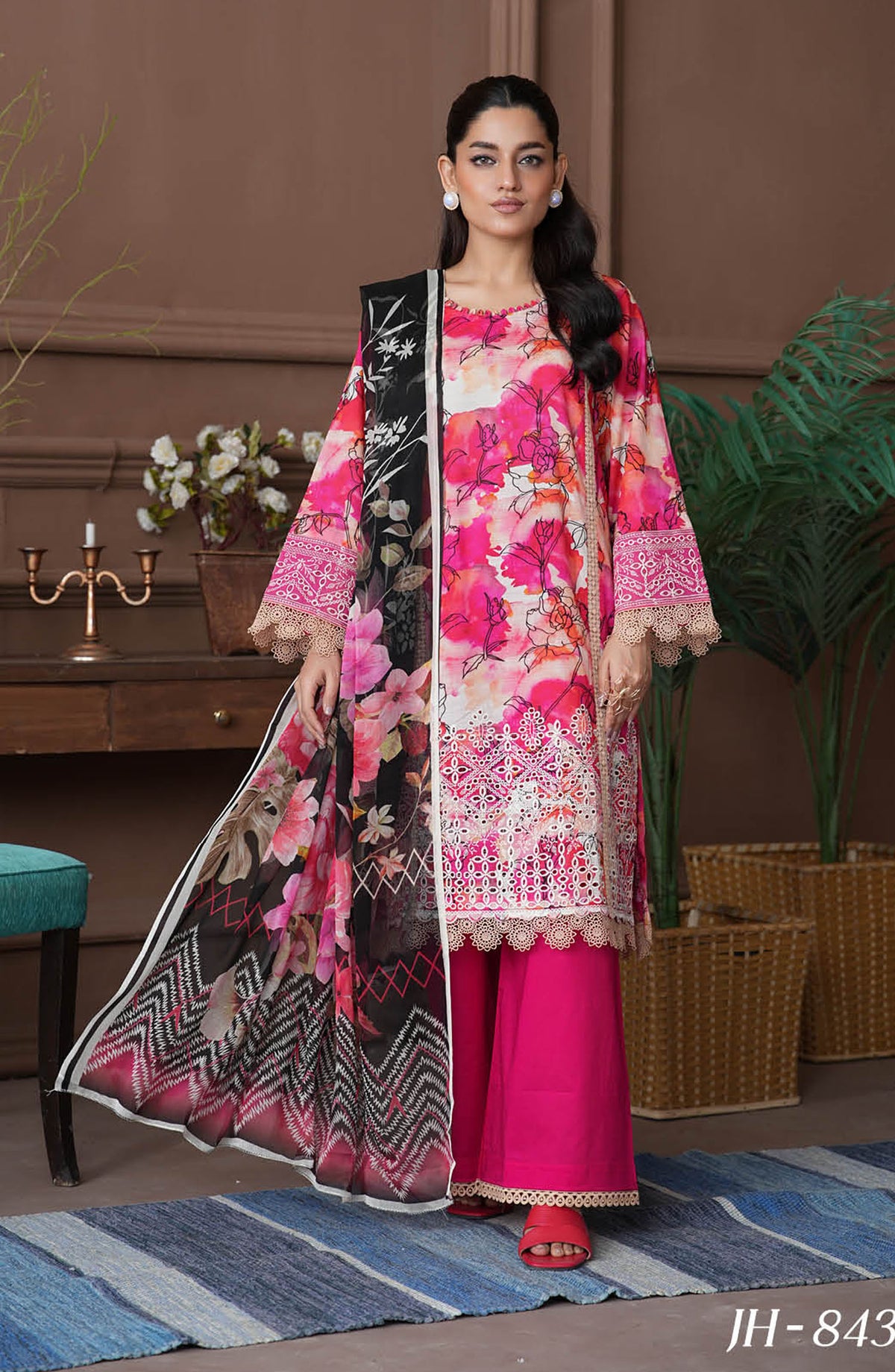 Shahzeen by Johra Embroidered Chikankari Lawn Unstitched 3 Piece Suit - JH-843 - JH25SHZ - Pink - Summer Collection