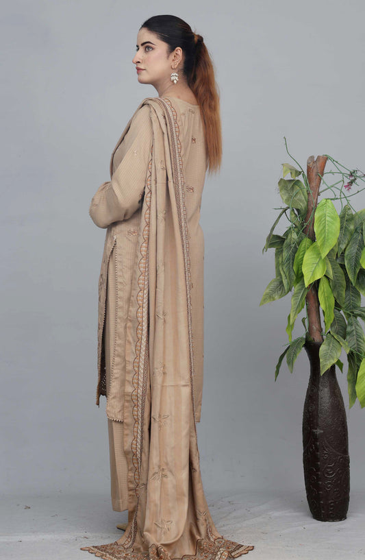 Shaista Check Debi Embroidered Semi Peach Unstitched 3 Piece Suit - Design-08 - SHS25CHD - Beige - Winter Collection