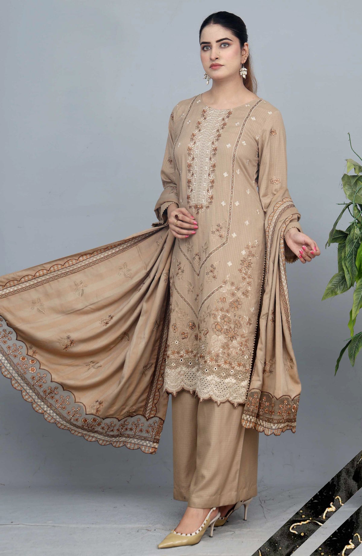 Shaista Check Debi Embroidered Semi Peach Unstitched 3 Piece Suit - Design-08 - SHS25CHD - Beige - Winter Collection