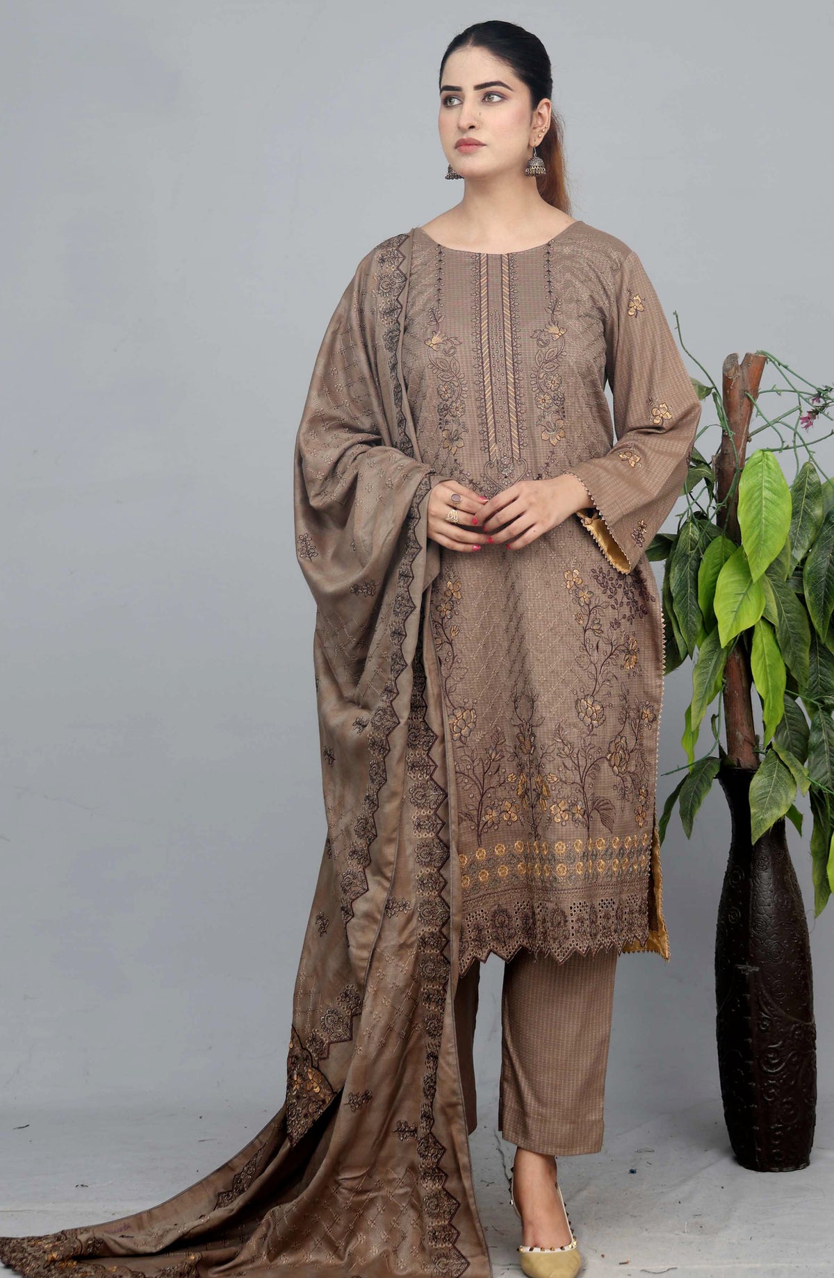 Shaista Check Debi Embroidered Semi Peach Unstitched 3 Piece Suit - Design-06 - SHS25CHD - Brown - Winter Collection