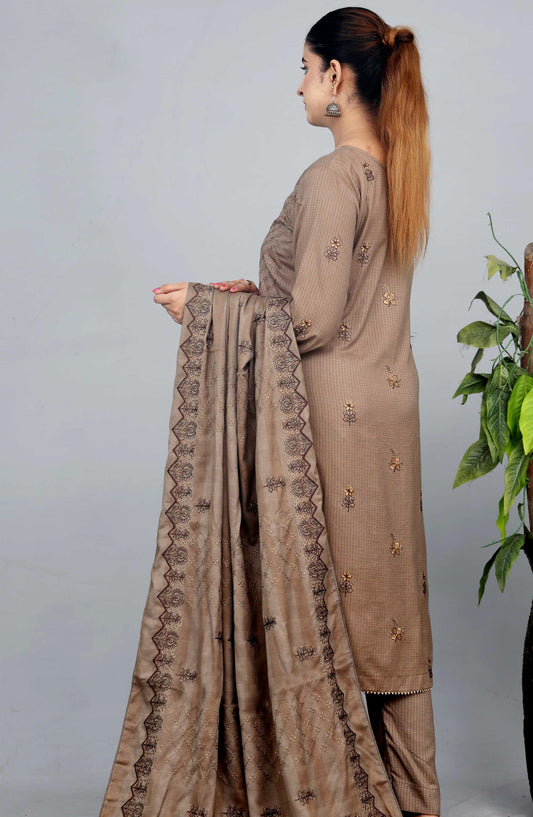 Shaista Check Debi Embroidered Semi Peach Unstitched 3 Piece Suit - Design-06 - SHS25CHD - Brown - Winter Collection