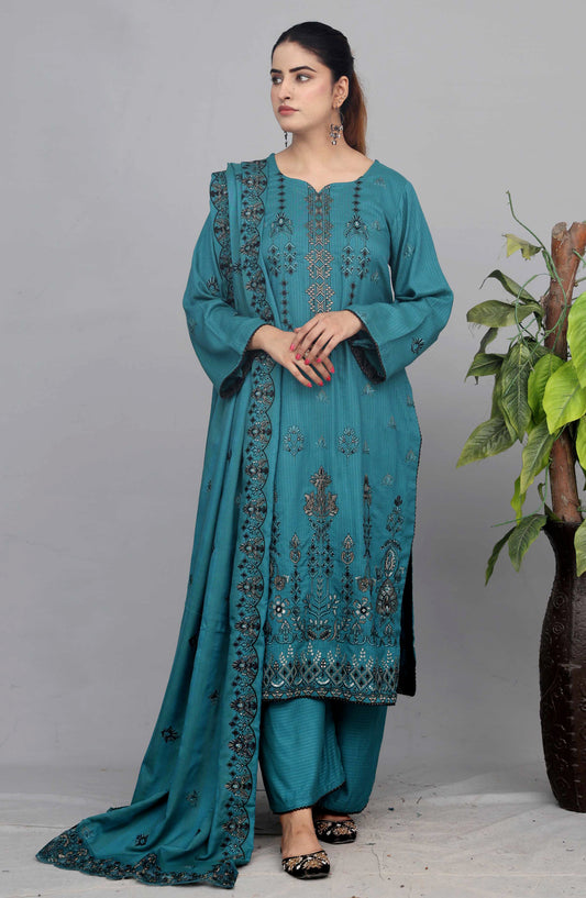 Shaista Check Debi Embroidered Semi Peach Unstitched 3 Piece Suit - Design-05 - SHS25CHD - Blue - Winter Collection