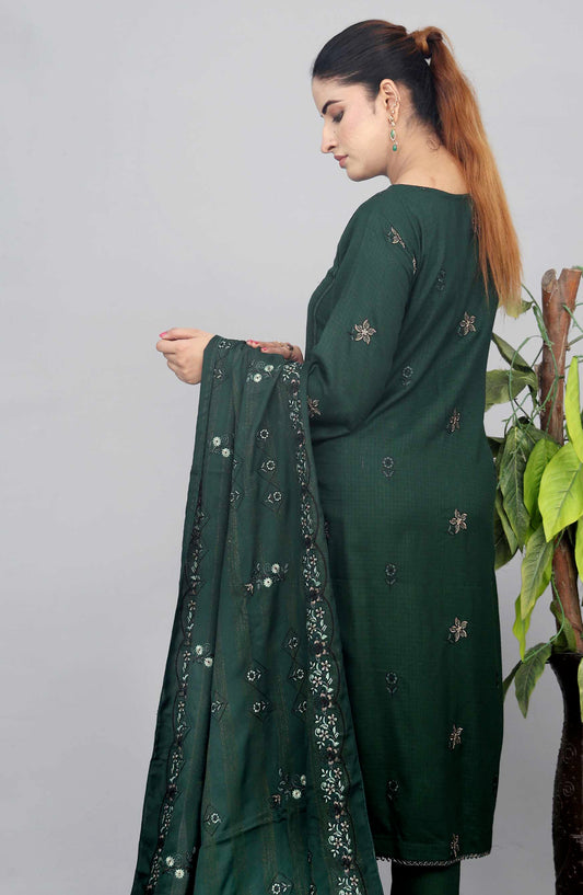 Shaista Check Debi Embroidered Semi Peach Unstitched 3 Piece Suit - Design-03 - SHS25CHD - Green - Winter Collection