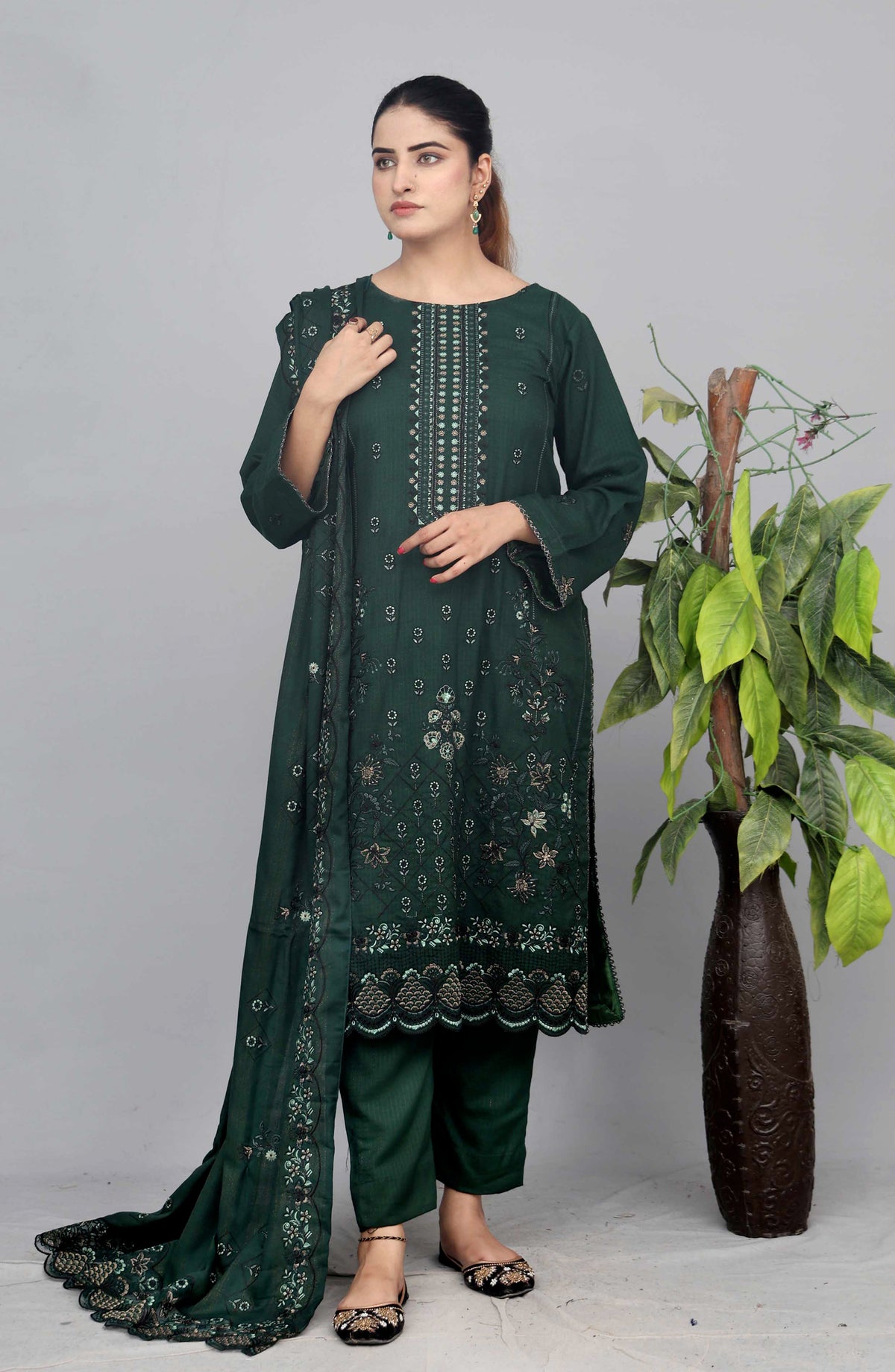 Shaista Check Debi Embroidered Semi Peach Unstitched 3 Piece Suit - Design-03 - SHS25CHD - Green - Winter Collection