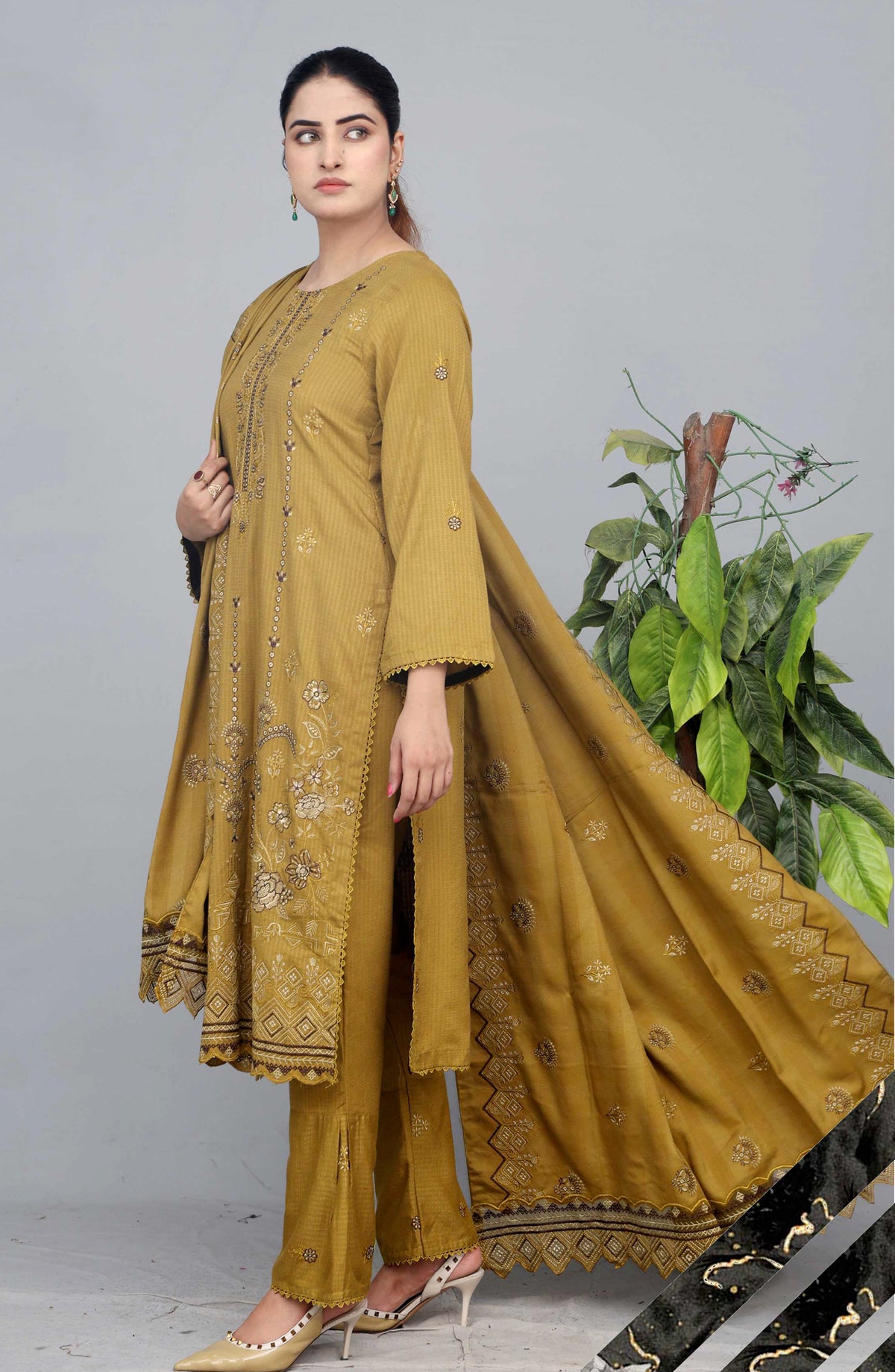 Shaista Check Debi Embroidered Semi Peach Unstitched 3 Piece Suit - Design-01 - SHS25CHD - Mustard - Winter Collection