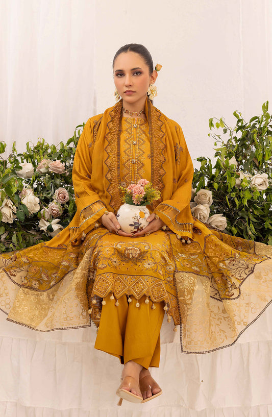 Shaista Festive Embroidered Viscose Unstitched 3 Piece Suit - D-129 - SHS25FSV - Mustard - Winter Collection