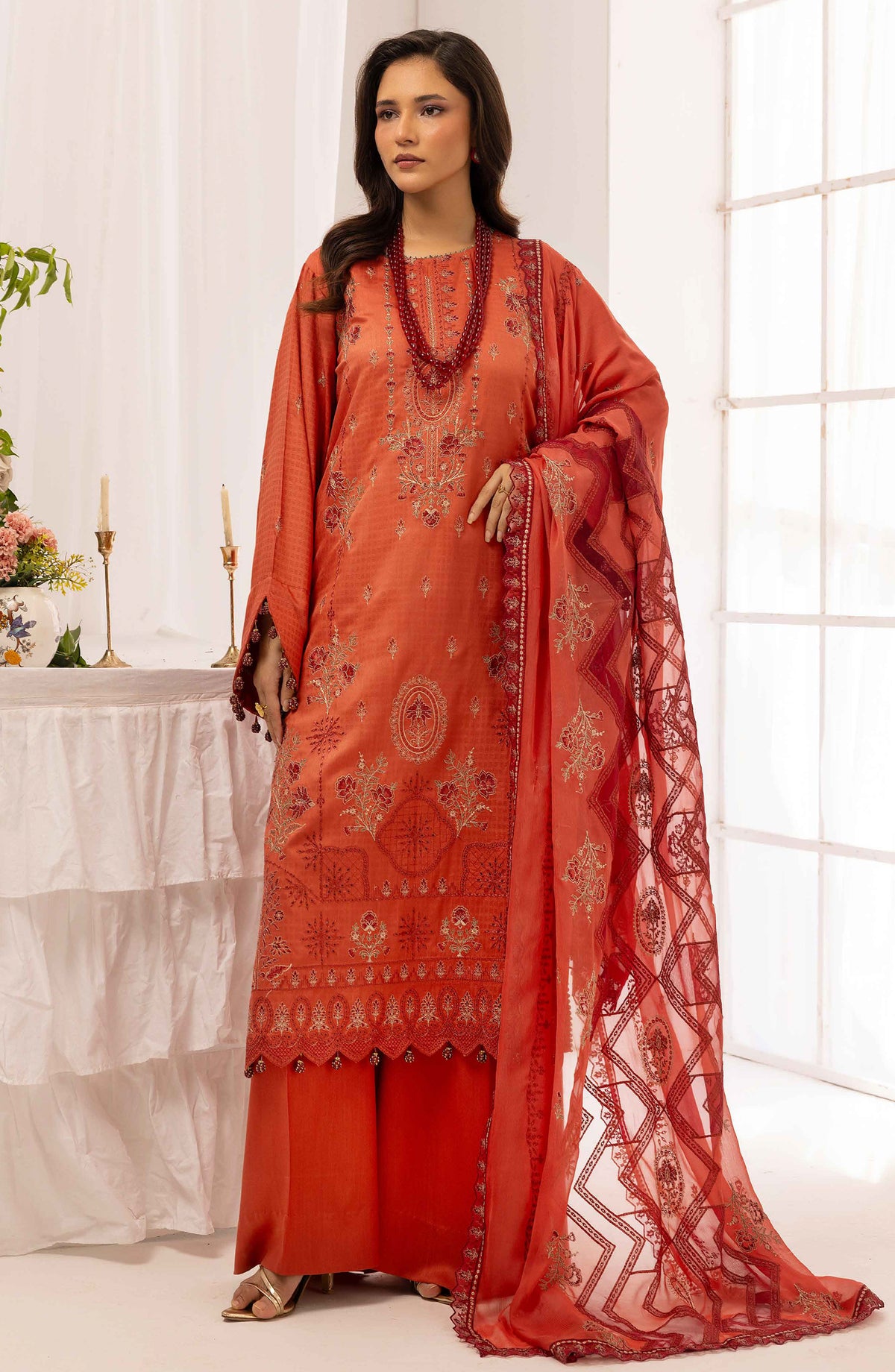 Shaista Festive Embroidered Viscose Unstitched 3 Piece Suit - D-126 - SHS25FSV - Orange - Winter Collection