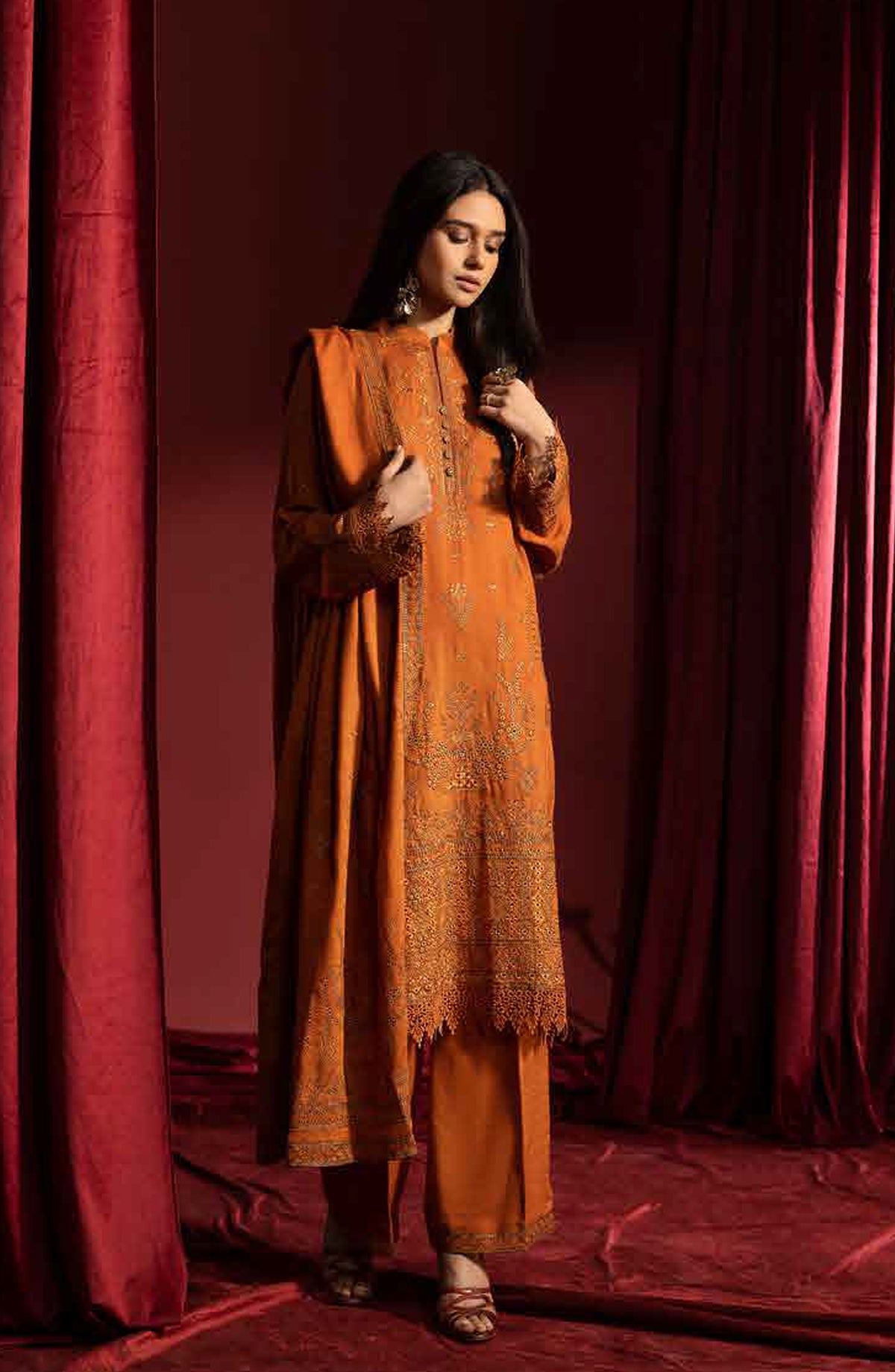 Shaista Supreme Embroidered Peach Unstitched 3 Piece Suit - D-93 - SHS25SP - Orange - Winter Collection