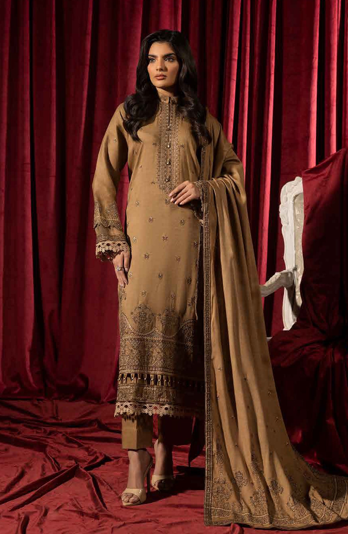 Shaista Supreme Embroidered Peach Unstitched 3 Piece Suit - D-91 - SHS25SP - Brown - Winter Collection