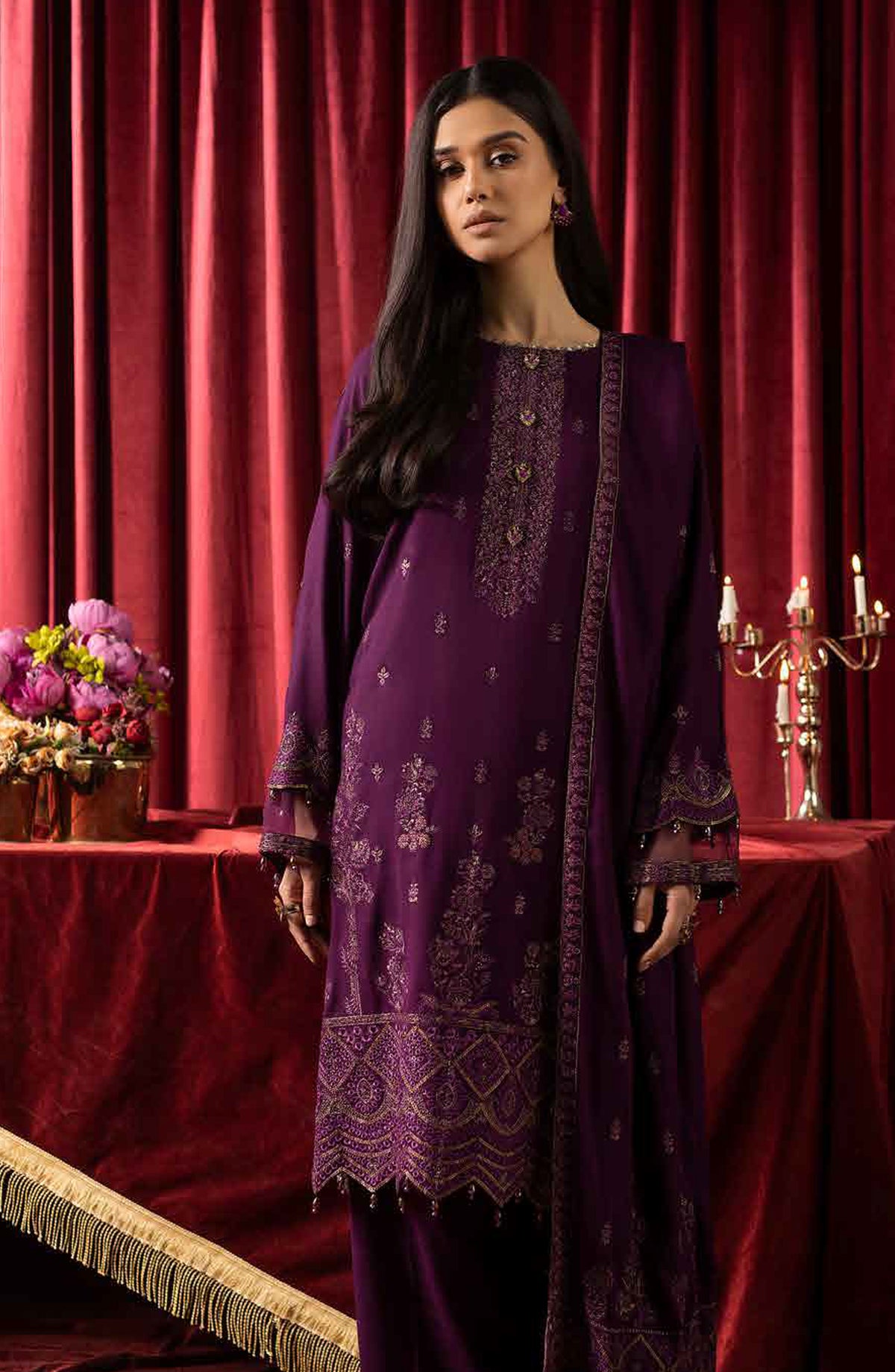 Shaista Supreme Embroidered Peach Unstitched 3 Piece Suit - D-90 - SHS25SP - Purple - Winter Collection