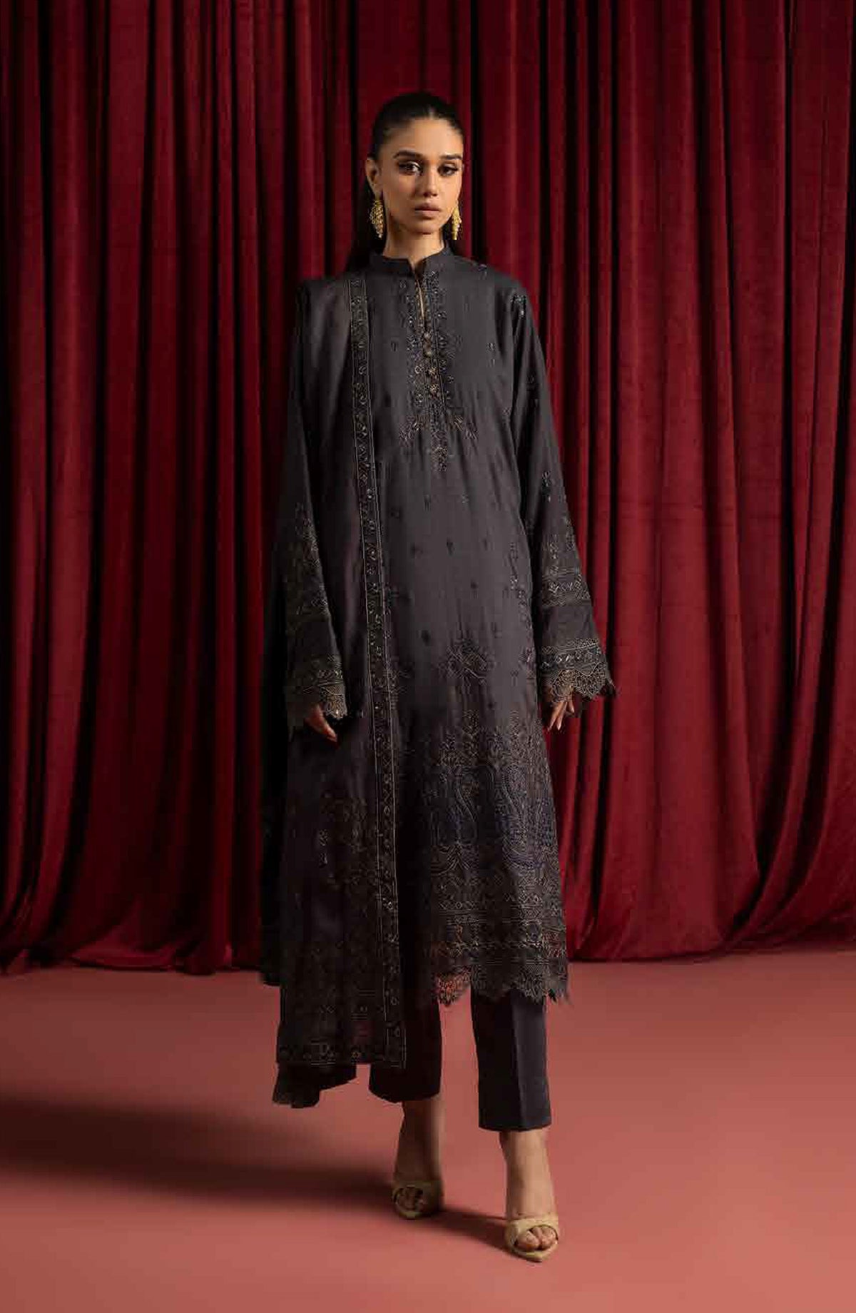 Shaista Supreme Embroidered Peach Unstitched 3 Piece Suit - D-89 - SHS25SP - Grey - Winter Collection