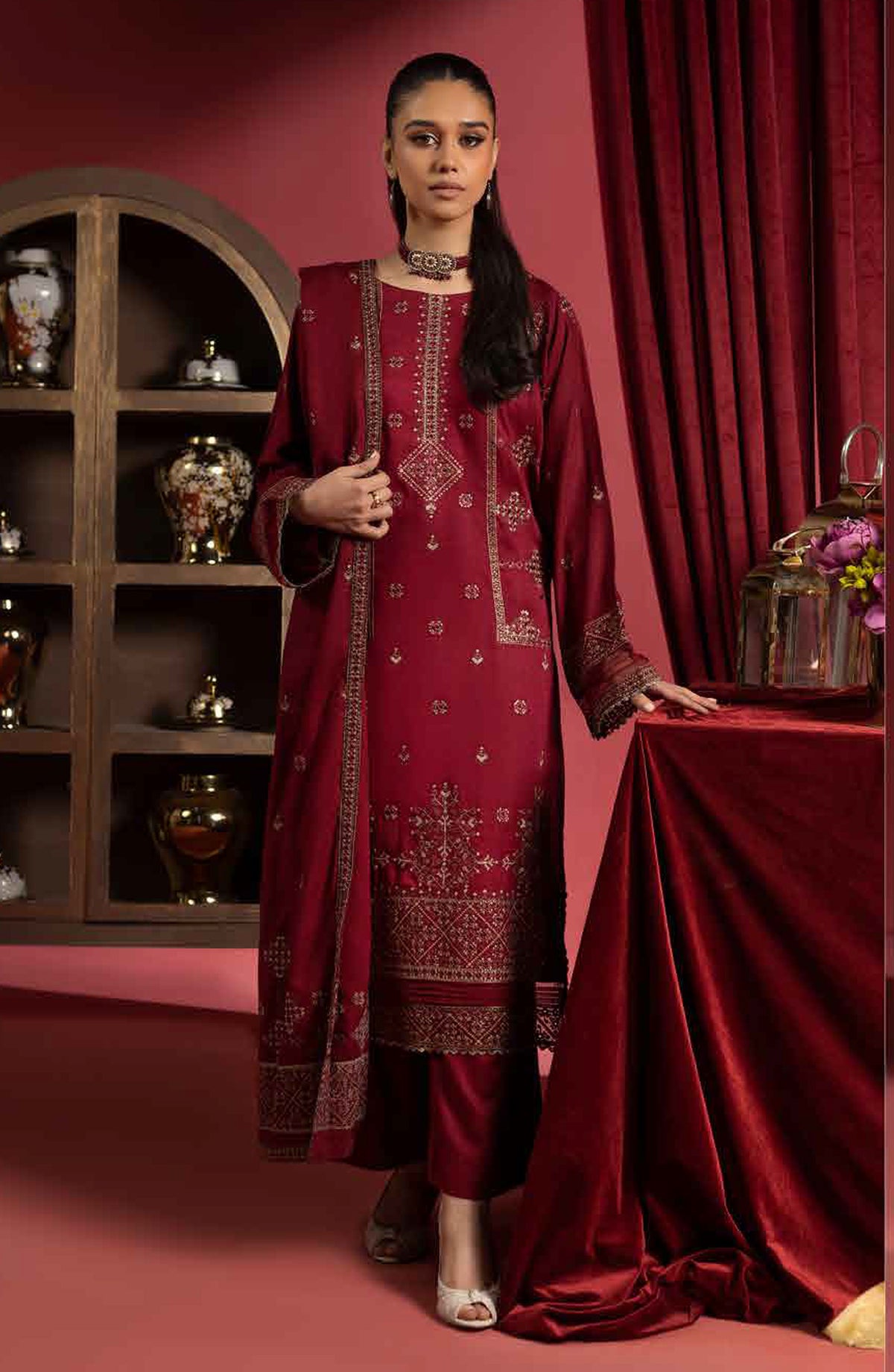 Shaista Supreme Embroidered Peach Unstitched 3 Piece Suit - D-88 - SHS25SP - Maroon - Winter Collection