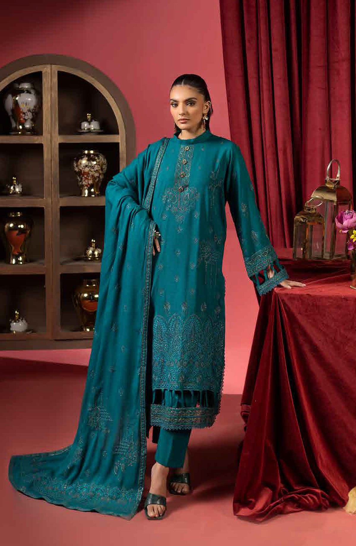 Shaista Supreme Embroidered Peach Unstitched 3 Piece Suit - D-87 - SHS25SP - Teal - Winter Collection