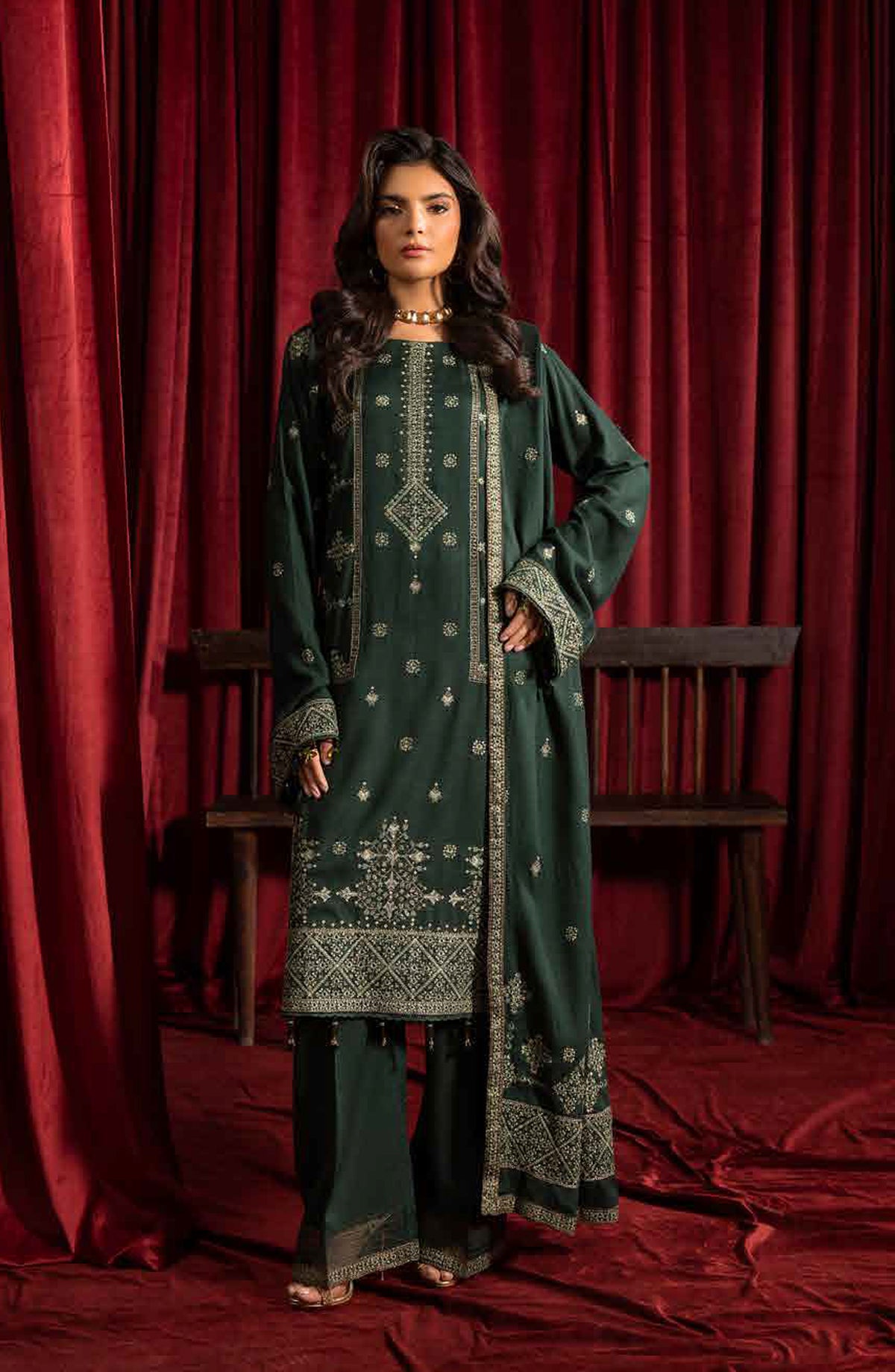 Shaista Supreme Embroidered Peach Unstitched 3 Piece Suit - D-86 - SHS25SP - Green - Winter Collection