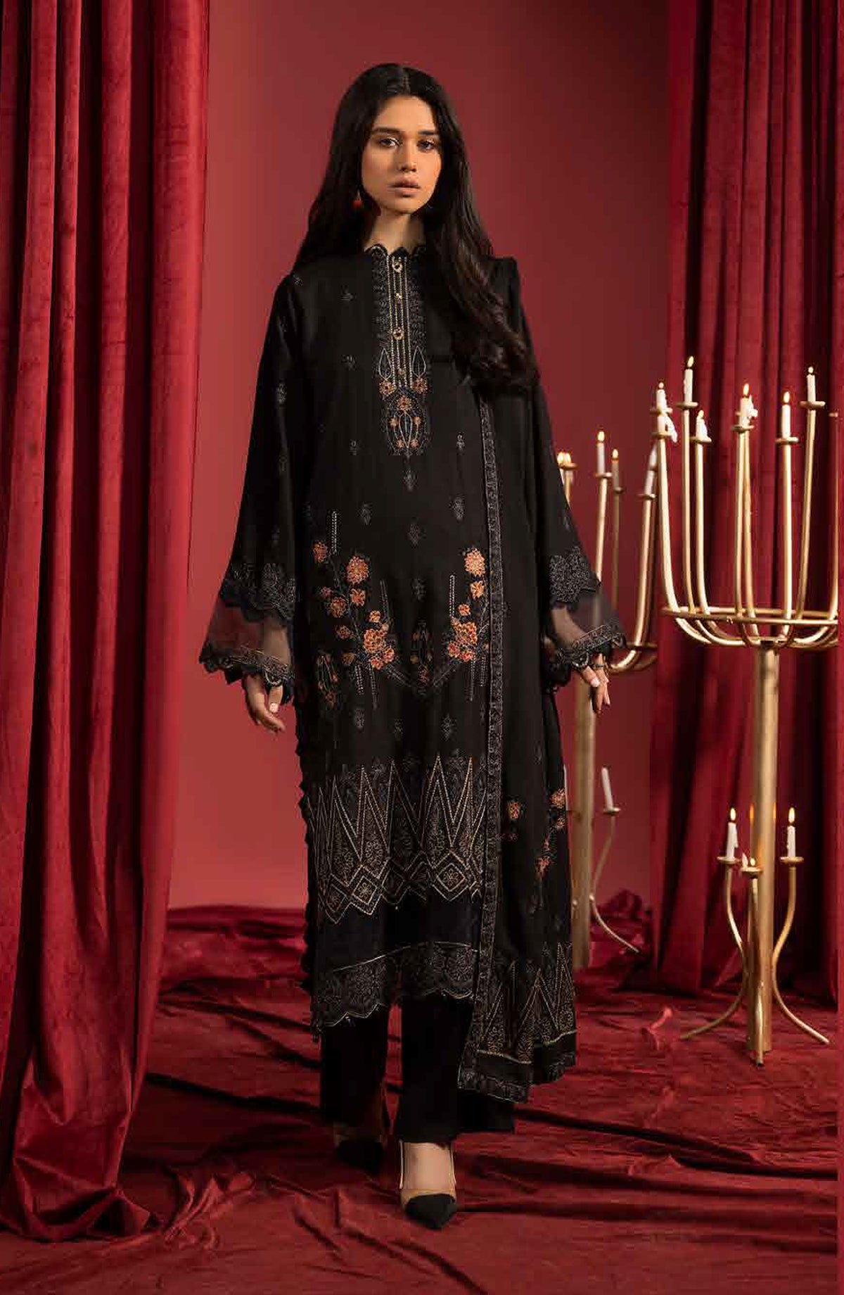 Shaista Supreme Embroidered Peach Unstitched 3 Piece Suit - D-84 - SHS25SP - Black - Winter Collection