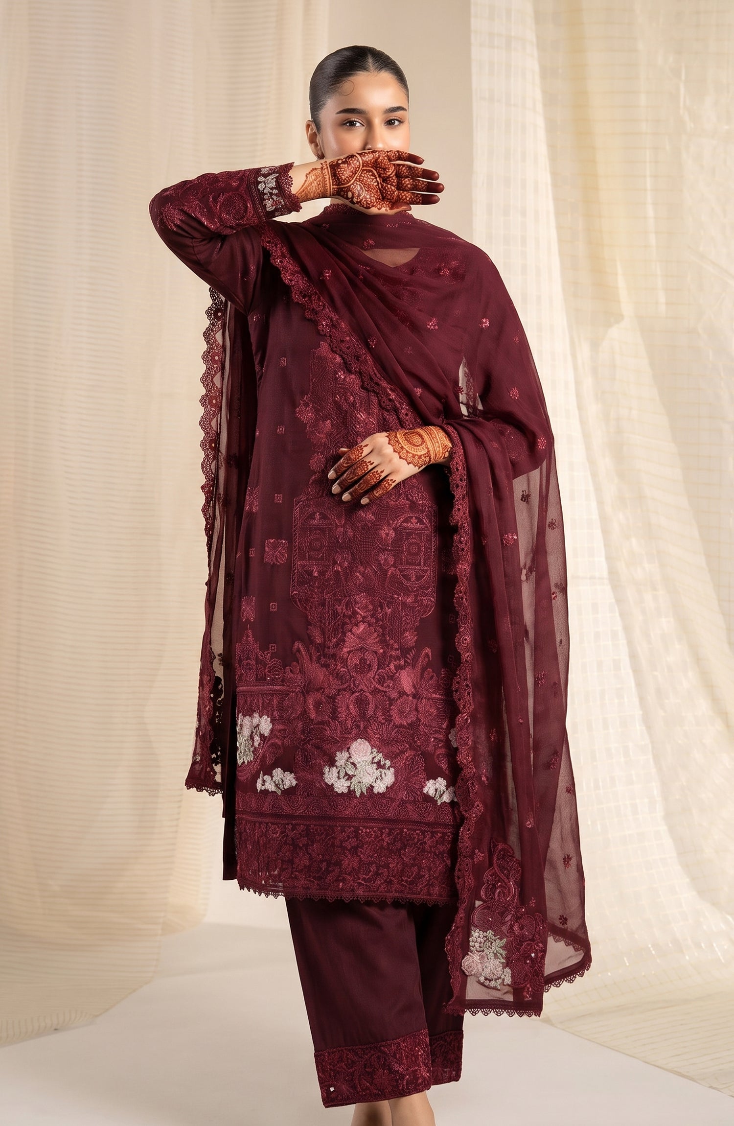Sham-e-Riwayat by Amna Khadija Embroidered Cotton Stitched 3 Piece Suit - AKSR-03 - AM26SHM - Maroon - Luxury Collection