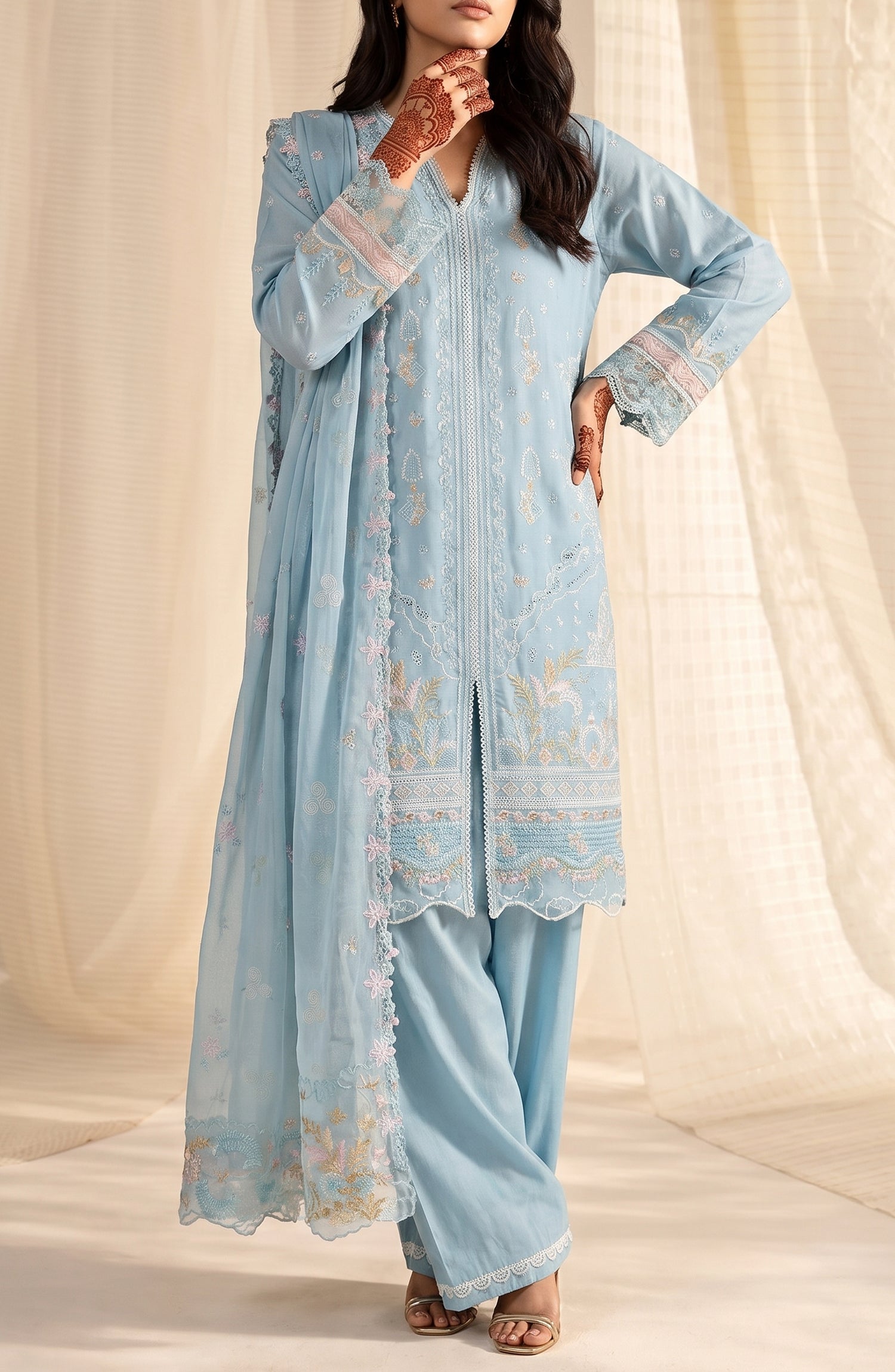 Sham-e-Riwayat by Amna Khadija Embroidered Cotton Stitched 3 Piece Suit - AKSR-05 - AM26SHM - Sky Blue - Luxury Collection
