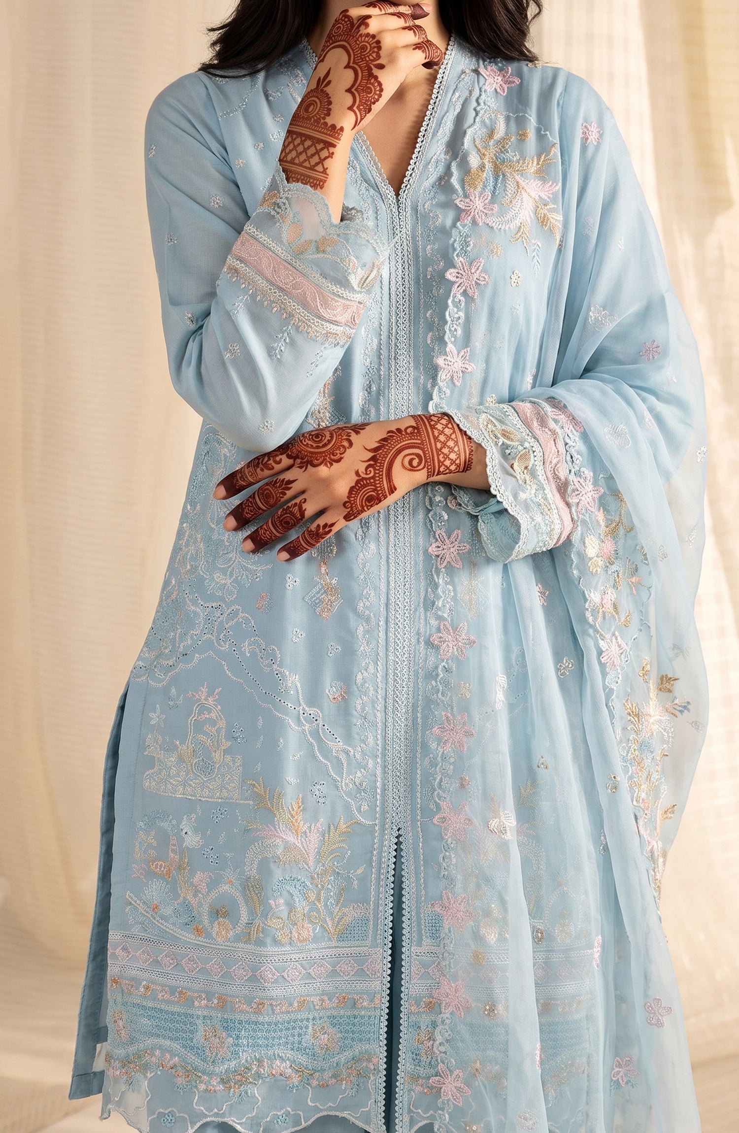 Sham-e-Riwayat by Amna Khadija Embroidered Cotton Stitched 3 Piece Suit - AKSR-05 - AM26SHM - Sky Blue - Luxury Collection