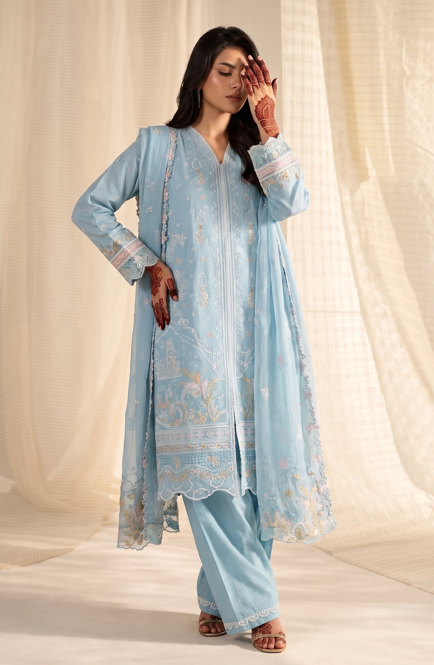 Sham-e-Riwayat by Amna Khadija Embroidered Cotton Stitched 3 Piece Suit - AKSR-05 - AM26SHM - Sky Blue - Luxury Collection