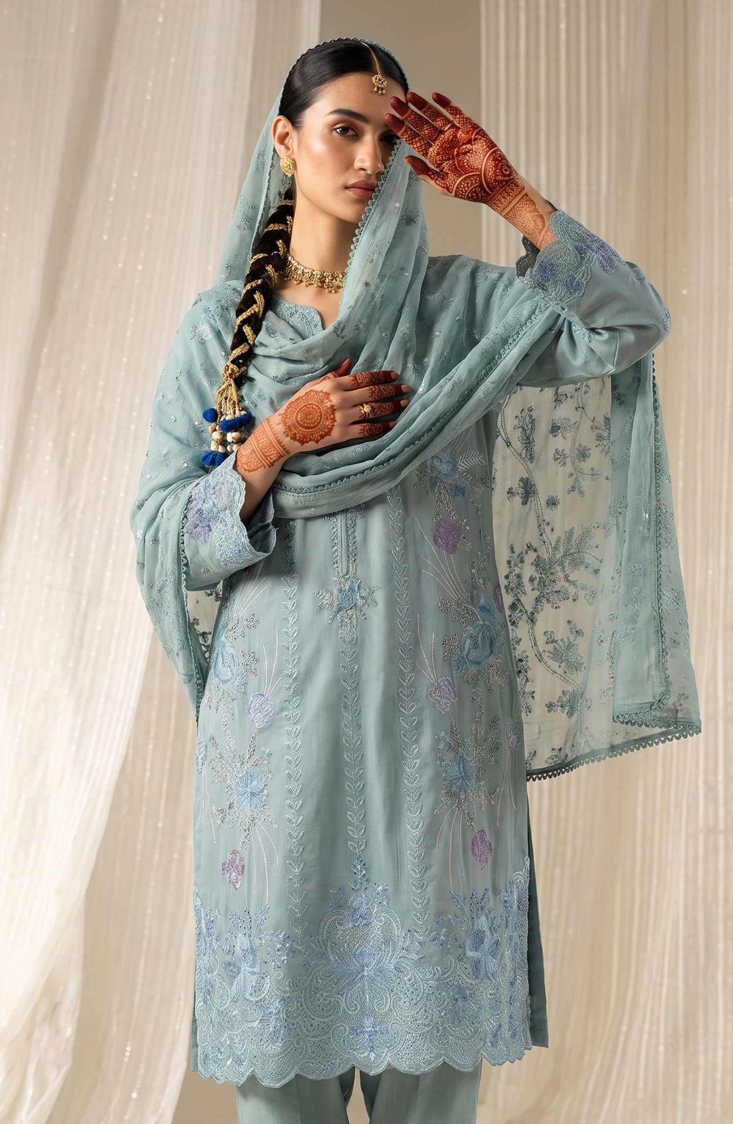 Sham-e-Riwayat by Amna Khadija Embroidered Cotton Stitched 3 Piece Suit - AKSR-06 - AM26SHM - Powder Blue - Luxury Collection