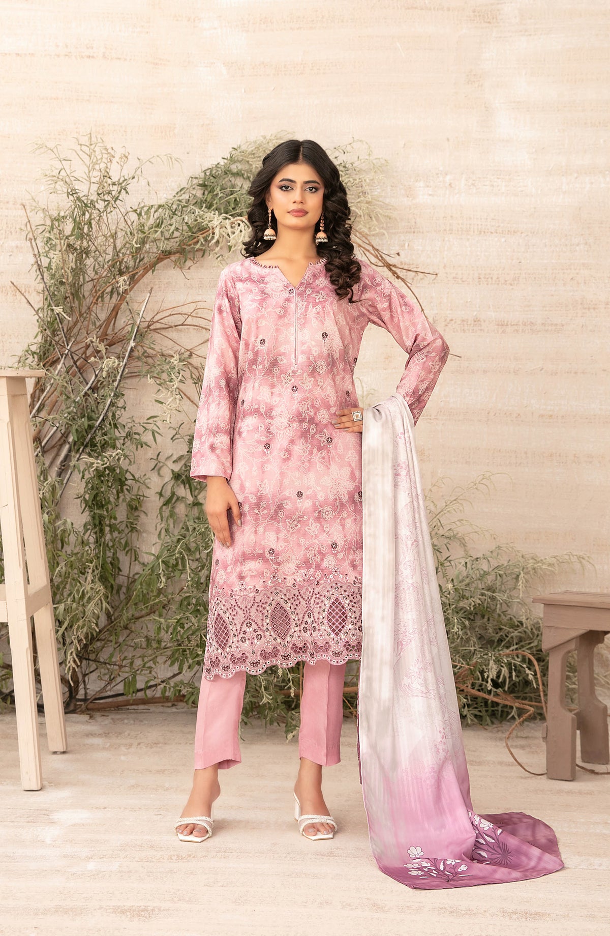 Shamia by Tawakkal Fabric Embroidered Zari Viscose Unstitched 3 Piece Suit - D-4877 - TF25SHAM - Pink - Winter Collection