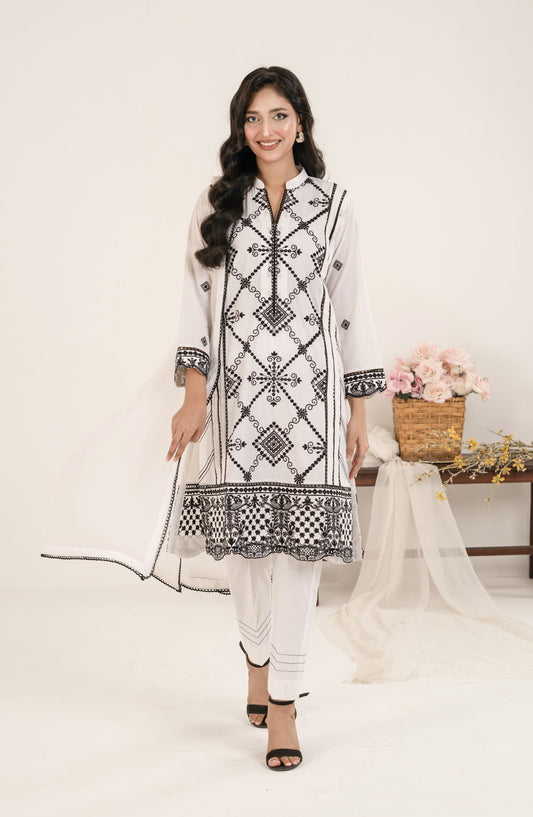 Shamooz Monochrome Embroidered Cotton Stitched 3 Piece Suit - SE-025 White Tales - SMZ25OMN - Summer Collection