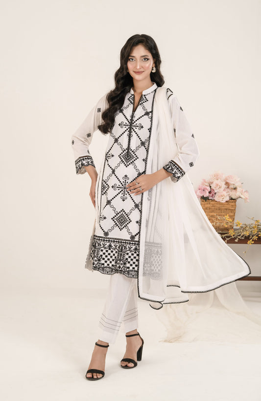 Shamooz Monochrome Embroidered Cotton Stitched 3 Piece Suit - SE-025 White Tales - SMZ25OMN - Summer Collection