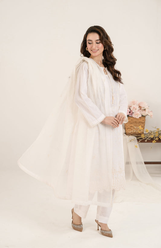 Shamooz Monochrome Embroidered Cotton Stitched 3 Piece Suit - SE-024 Ivory - SMZ25OMN - Summer Collection