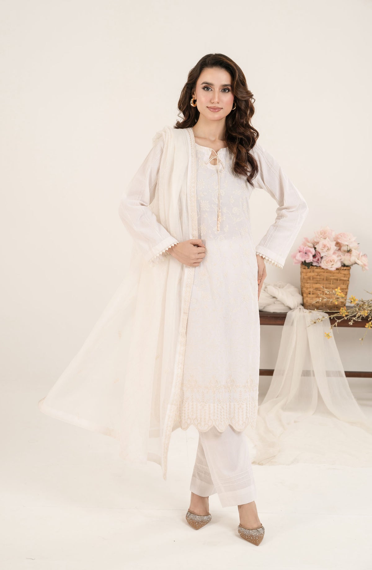Shamooz Monochrome Embroidered Cotton Stitched 3 Piece Suit - SE-024 Ivory - SMZ25OMN - Summer Collection