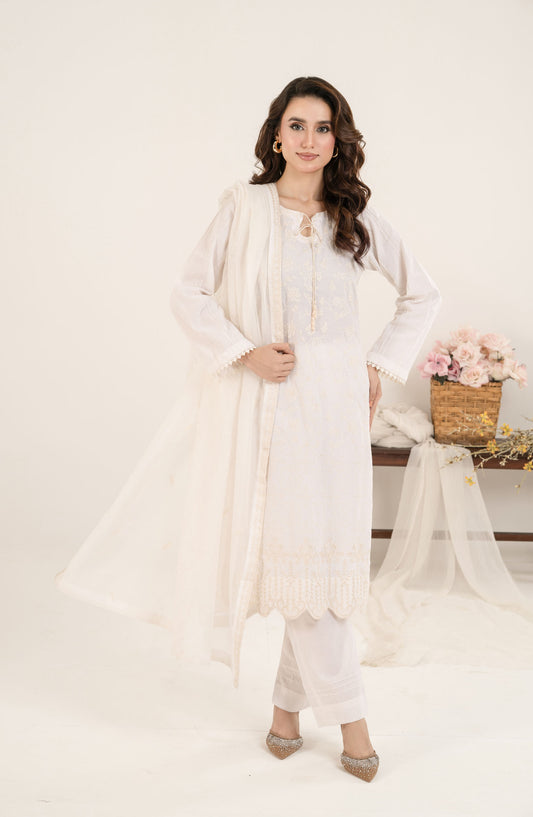 Shamooz Monochrome Embroidered Cotton Stitched 3 Piece Suit - SE-024 Ivory - SMZ25OMN - Summer Collection