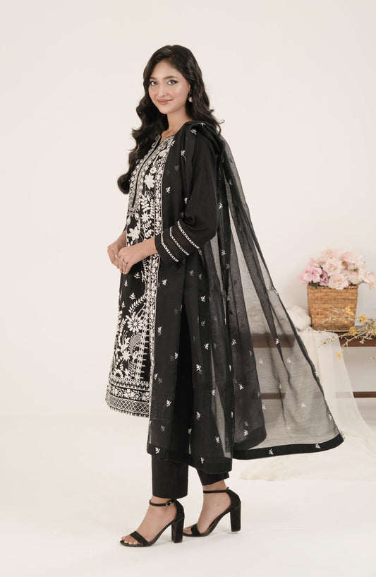 Shamooz Monochrome Embroidered Cotton Stitched 3 Piece Suit - SE-009 Black and White - SMZ25OMN - Summer Collection
