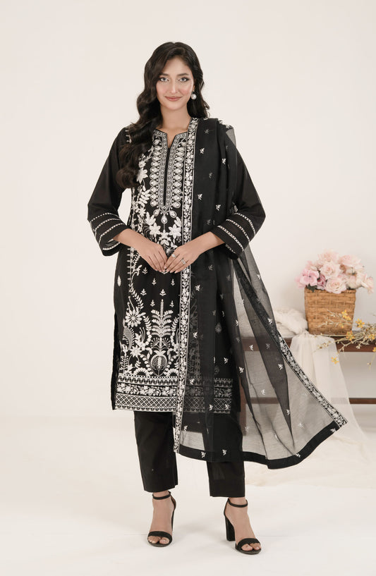 Shamooz Monochrome Embroidered Cotton Stitched 3 Piece Suit - SE-009 Black and White - SMZ25OMN - Summer Collection